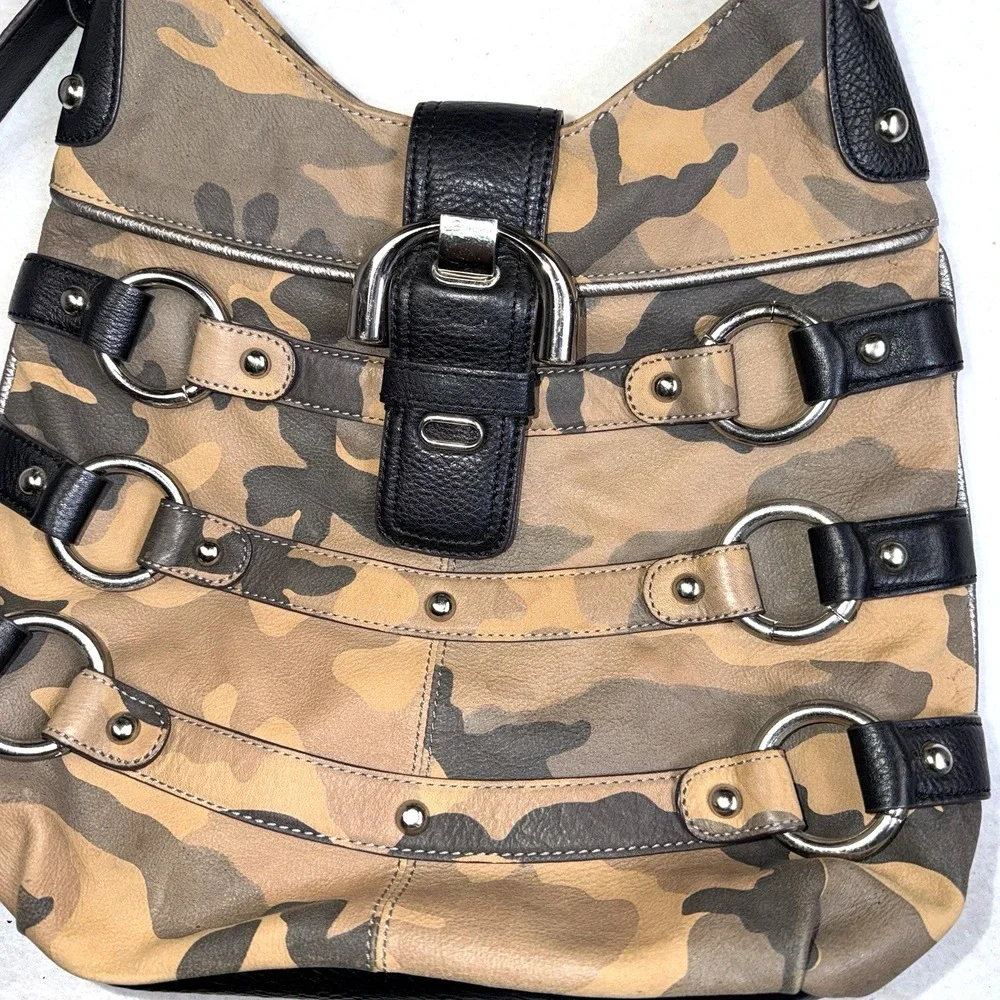 B Makowsky Camo Hobo Bag Black Leather Trim Silver Hardware Shoulder Purse